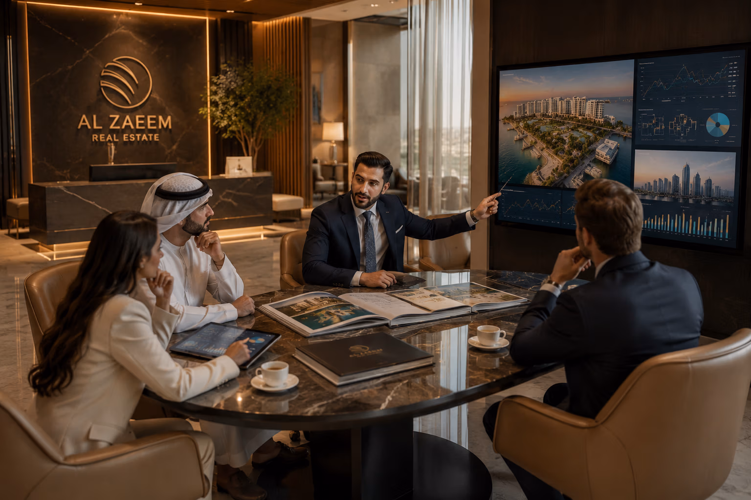 Senior Al Zaeem Real Estate advisor presenting premium property investment opportunities, architectural masterplans, and market analysis to international investors in a luxury Abu Dhabi office.