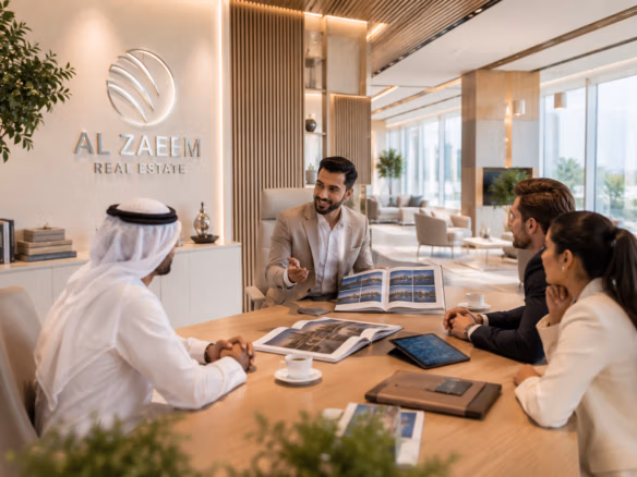 Senior Al Zaeem Real Estate investment advisor presenting premium property investment strategies to international investors inside executive headquarters in Abu Dhabi.