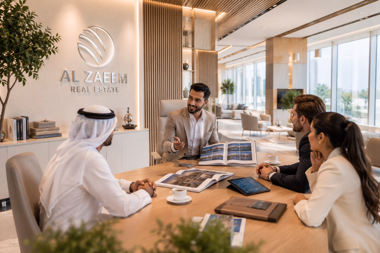 Senior Al Zaeem Real Estate investment advisor presenting premium property investment strategies to international investors inside executive headquarters in Abu Dhabi.
