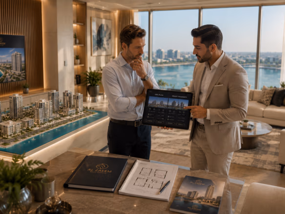 Al Zaeem Real Estate advisor comparing off-plan and ready property investment options with an international buyer inside a luxury waterfront apartment in Abu Dhabi.