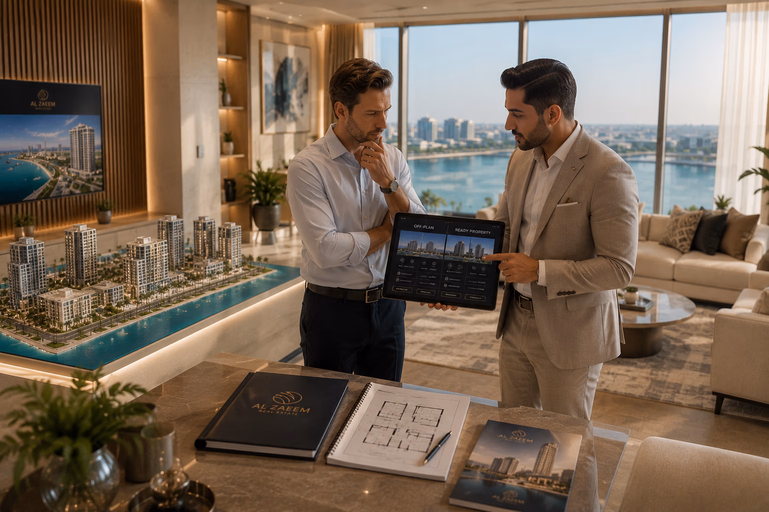 Al Zaeem Real Estate advisor comparing off-plan and ready property investment options with an international buyer inside a luxury waterfront apartment in Abu Dhabi.