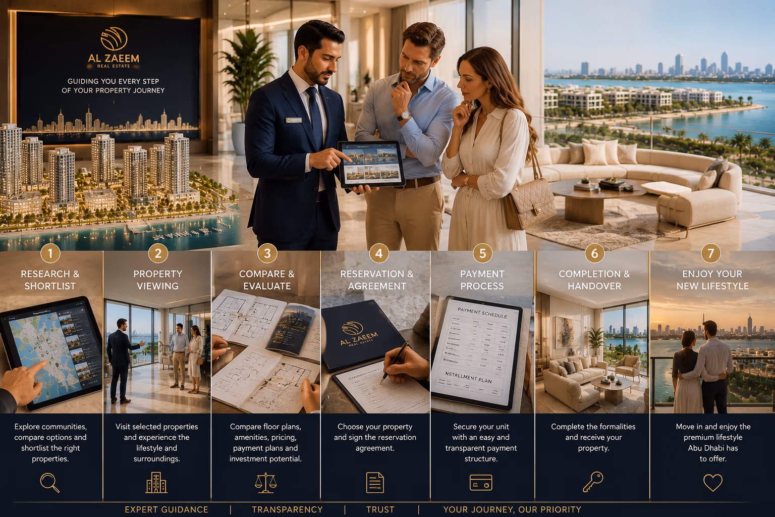 Al Zaeem Real Estate advisor guiding international buyers through the property buying process inside a luxury waterfront residence in Abu Dhabi.