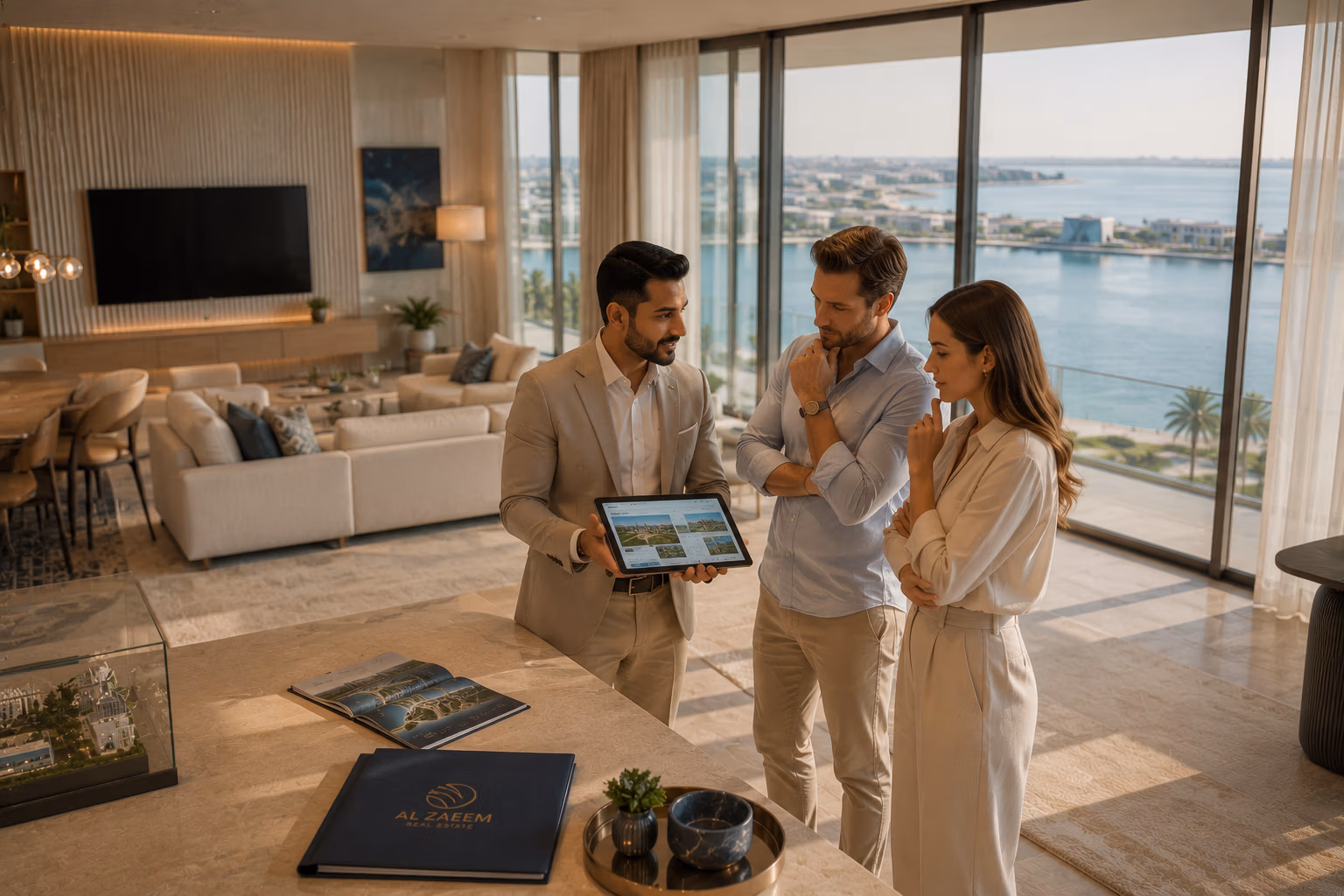 Professional Al Zaeem Real Estate consultant guiding international buyers through a luxury waterfront apartment in Abu Dhabi during a private property viewing.