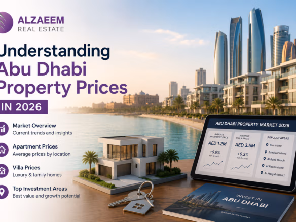 Abu Dhabi waterfront residences and property investment visuals representing real estate prices in 2026.
