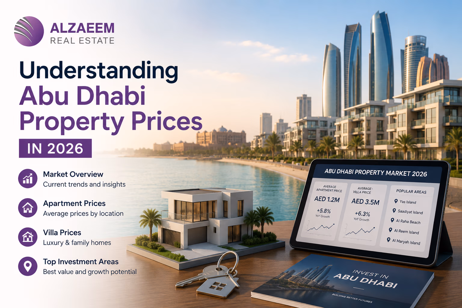 Abu Dhabi waterfront residences and property investment visuals representing real estate prices in 2026.