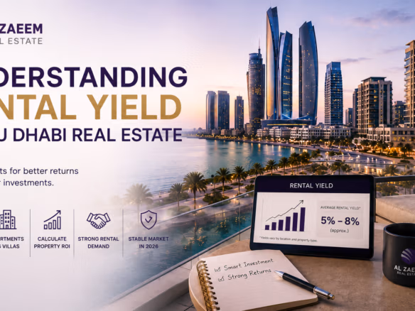 Al Zaeem Real Estate featured image showing Abu Dhabi rental yield analysis with a waterfront skyline and property ROI dashboard
