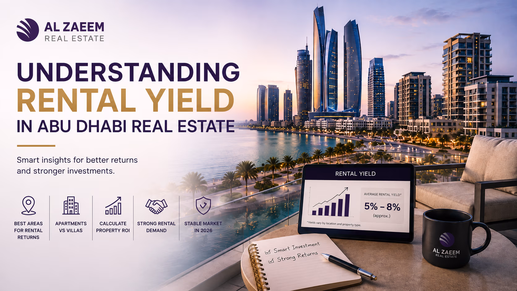 Al Zaeem Real Estate featured image showing Abu Dhabi rental yield analysis with a waterfront skyline and property ROI dashboard