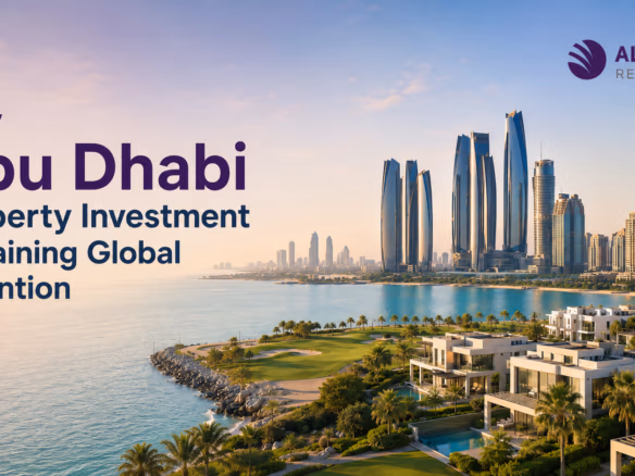 Al Zaeem Real Estate featured image showing Abu Dhabi waterfront villas, golf-front greenery, and skyline for property investment in 2026