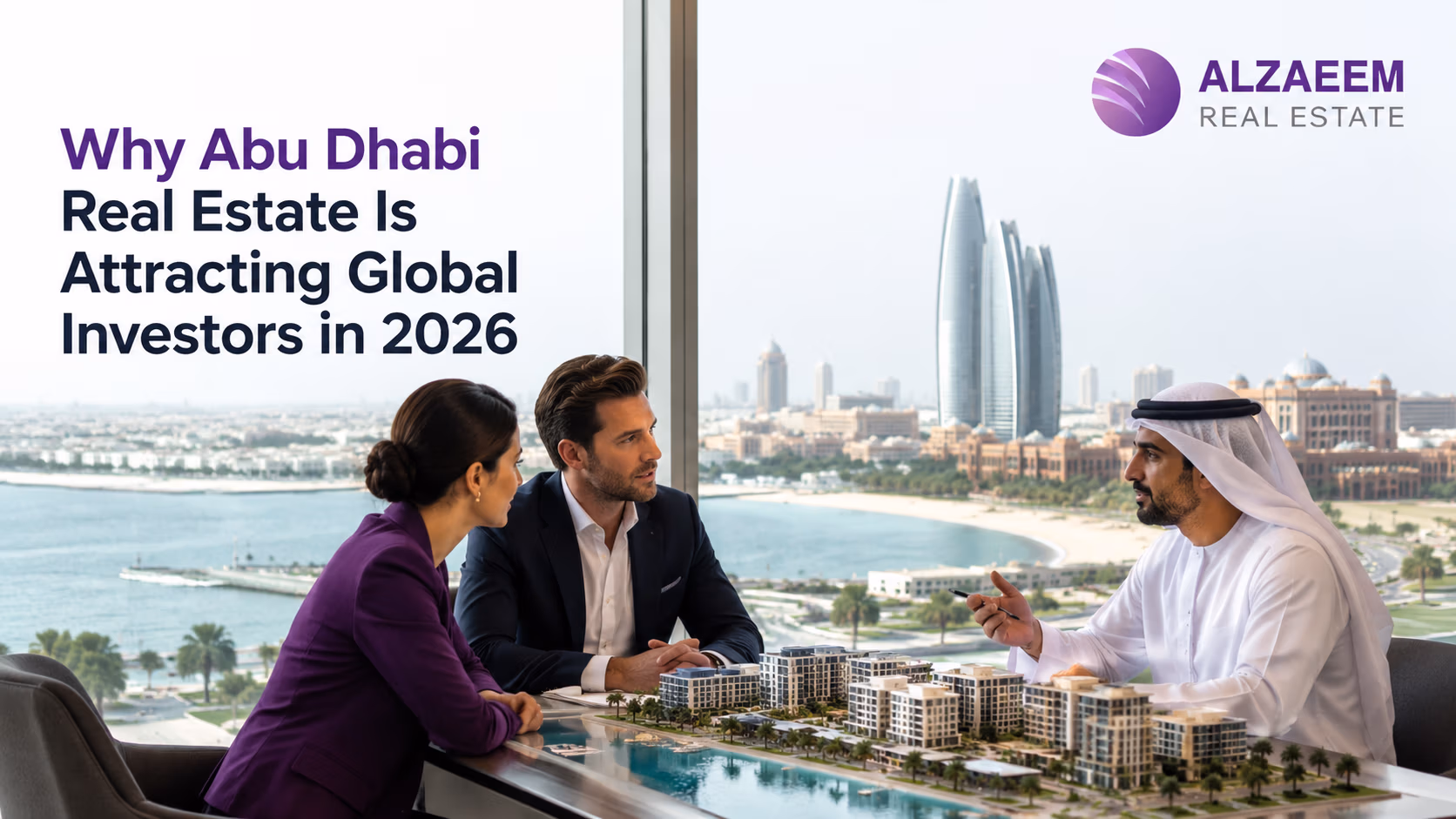 Global investors discussing an Abu Dhabi waterfront development with a real estate advisor.