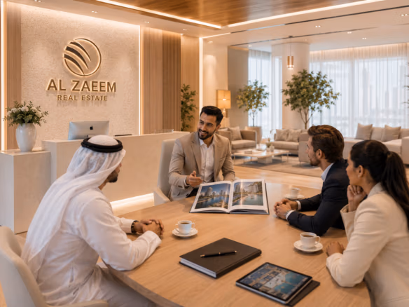 Senior Al Zaeem Real Estate advisor consulting with international property buyers and investors inside the company's executive headquarters in Abu Dhabi.