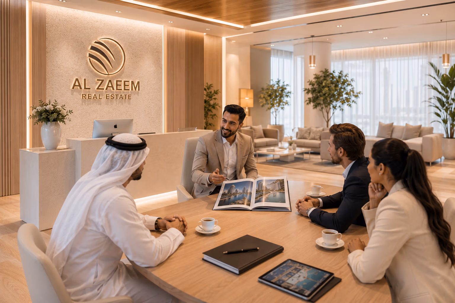Senior Al Zaeem Real Estate advisor consulting with international property buyers and investors inside the company's executive headquarters in Abu Dhabi.