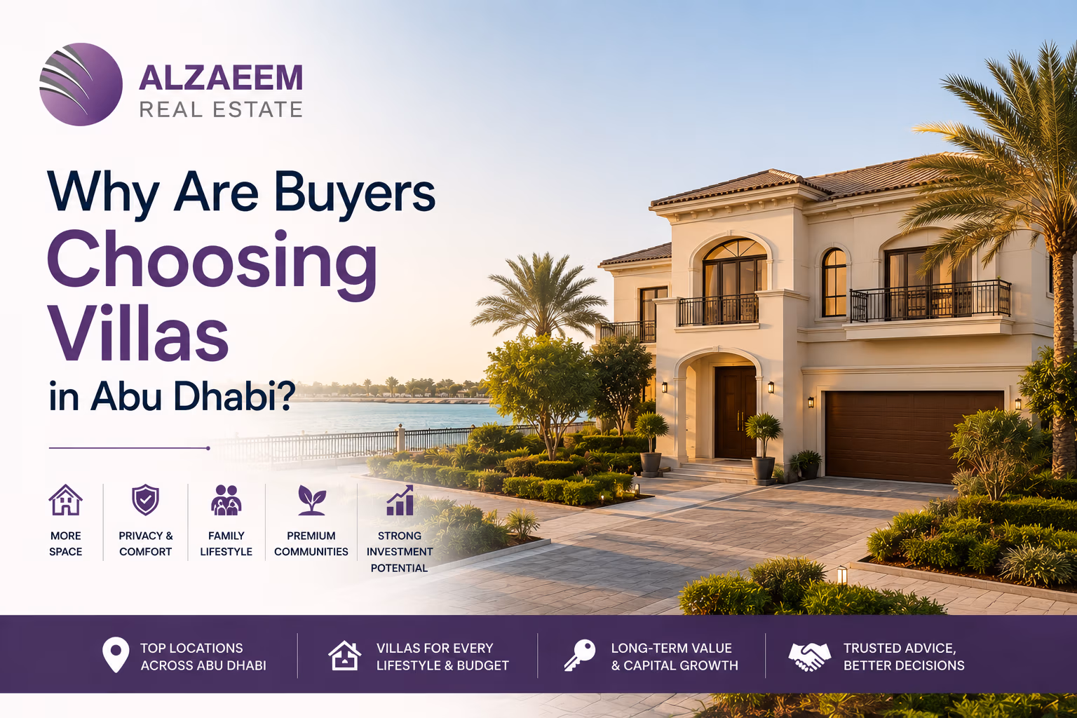 Luxury waterfront villa in Abu Dhabi with landscaped gardens and a spacious private setting.