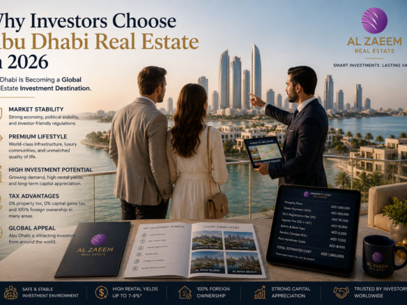 An Al Zaeem Real Estate advisor presenting Abu Dhabi real estate investment opportunities to international investors overlooking a luxury waterfront community.