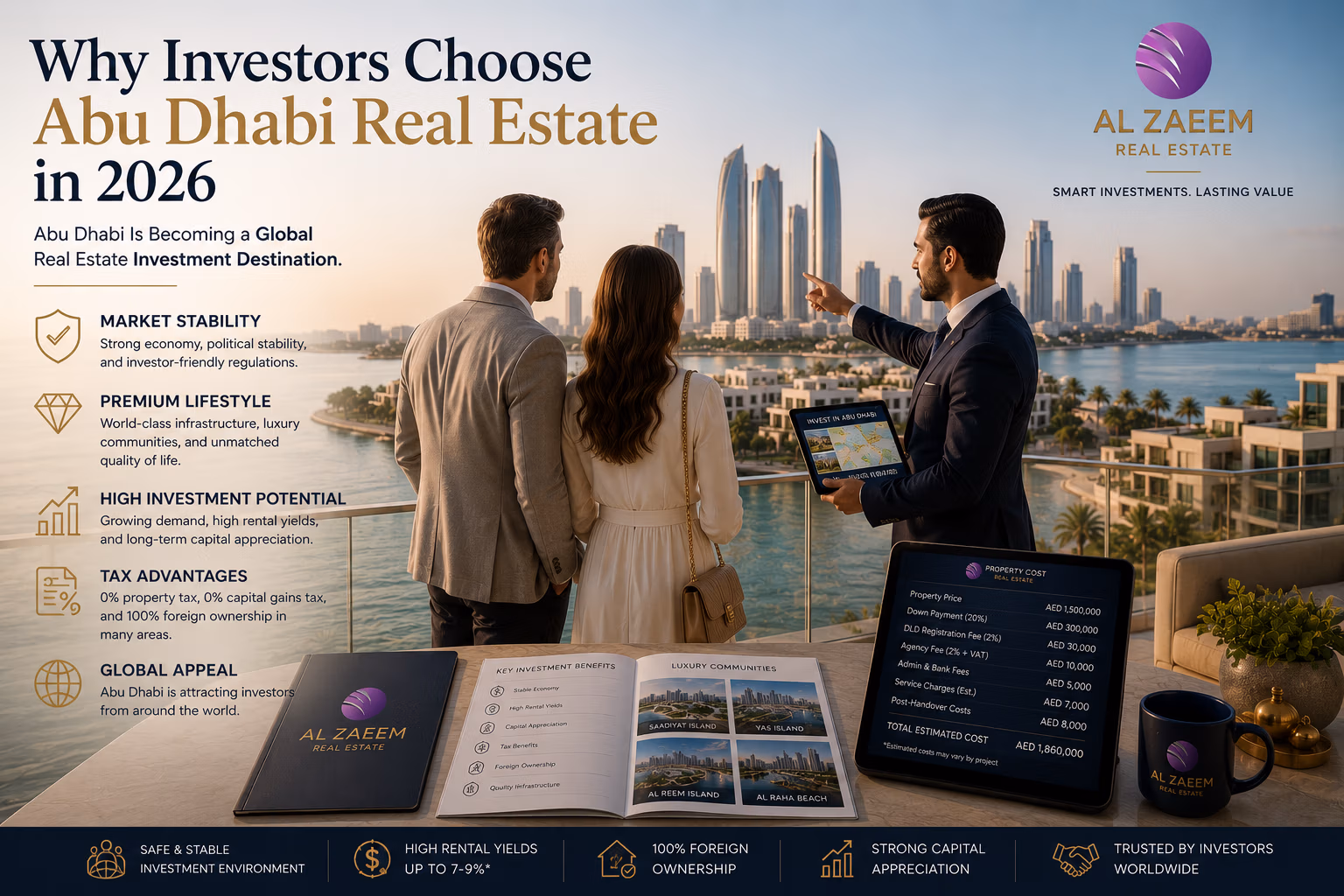 An Al Zaeem Real Estate advisor presenting Abu Dhabi real estate investment opportunities to international investors overlooking a luxury waterfront community.