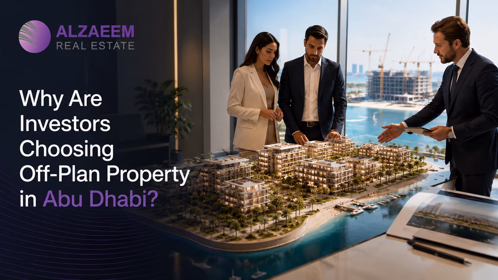 Investors reviewing an off-plan waterfront development model with a real estate advisor in Abu Dhabi.