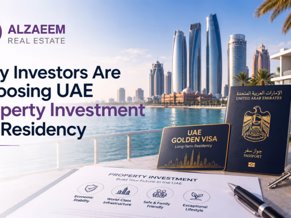 UAE property investment and long-term residency concept with an Abu Dhabi waterfront property, passport, keys, and Golden Visa symbolism.