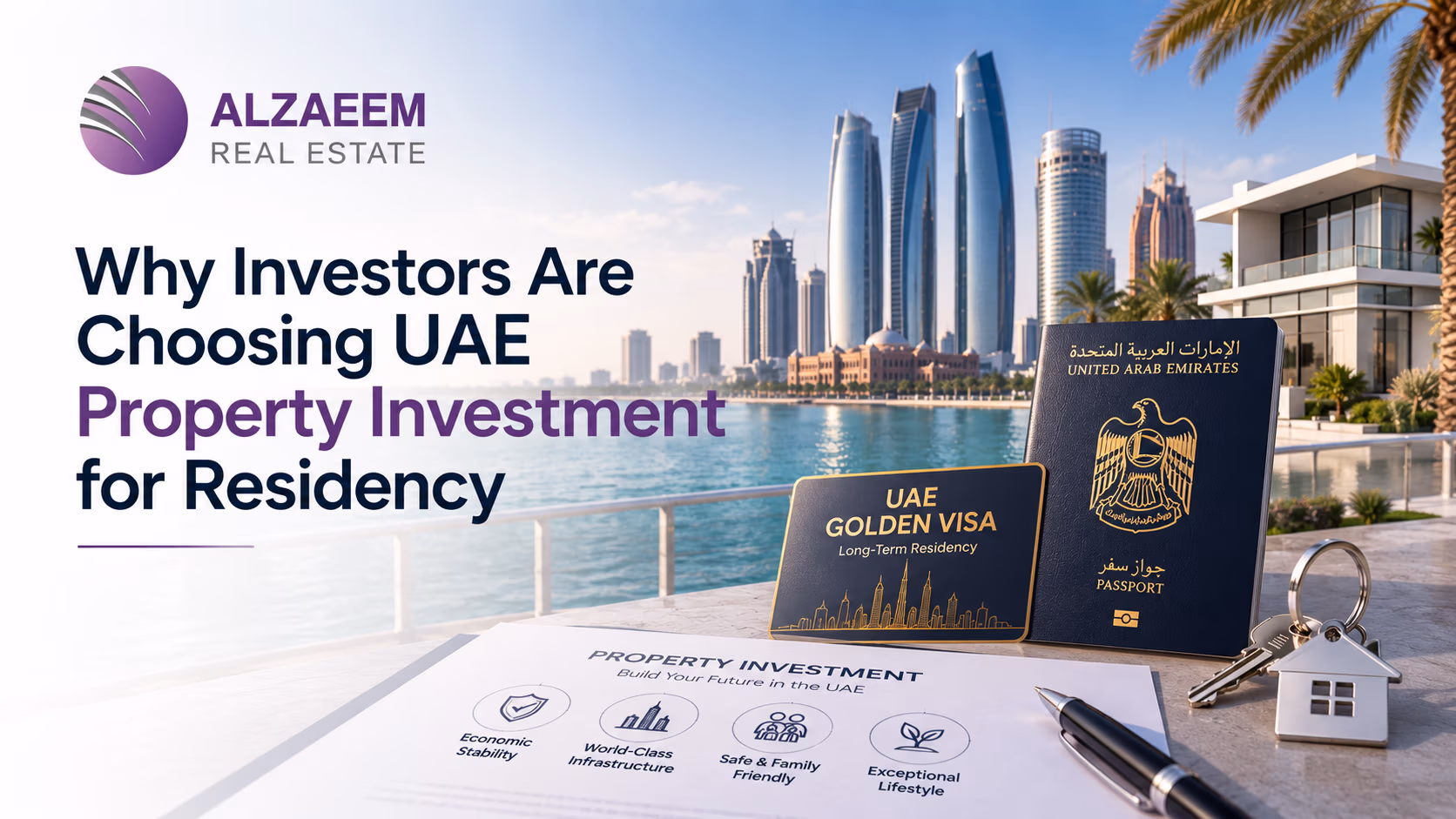 UAE property investment and long-term residency concept with an Abu Dhabi waterfront property, passport, keys, and Golden Visa symbolism.