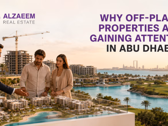 Al Zaeem Real Estate advisor showing an off-plan property model to buyers overlooking a waterfront community in Abu Dhabi