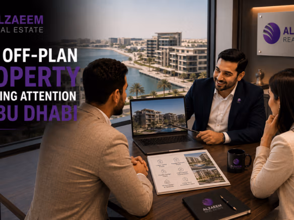 Al Zaeem Real Estate advisor discussing off-plan property investment opportunities in Abu Dhabi with clients