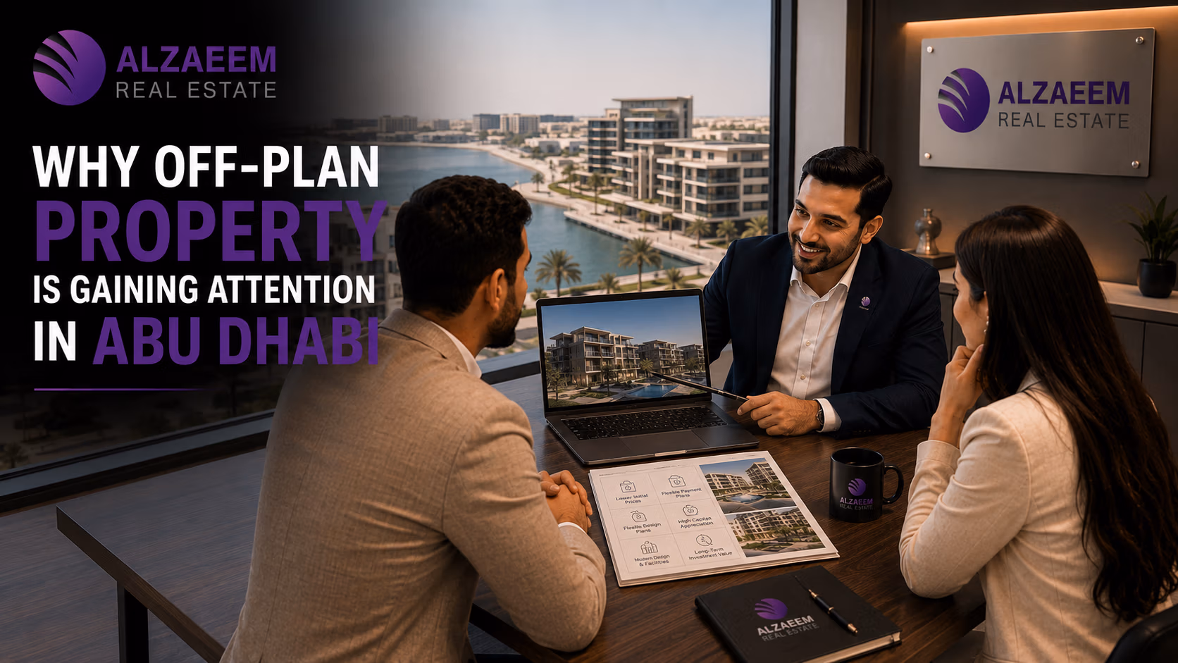 Al Zaeem Real Estate advisor discussing off-plan property investment opportunities in Abu Dhabi with clients