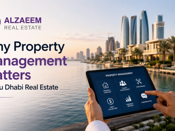 Property management concept in Abu Dhabi showing a waterfront residence and a tablet displaying real estate management services.