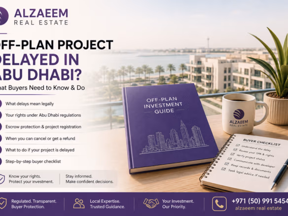 Delayed off-plan property construction in Abu Dhabi with buyer reviewing project progress