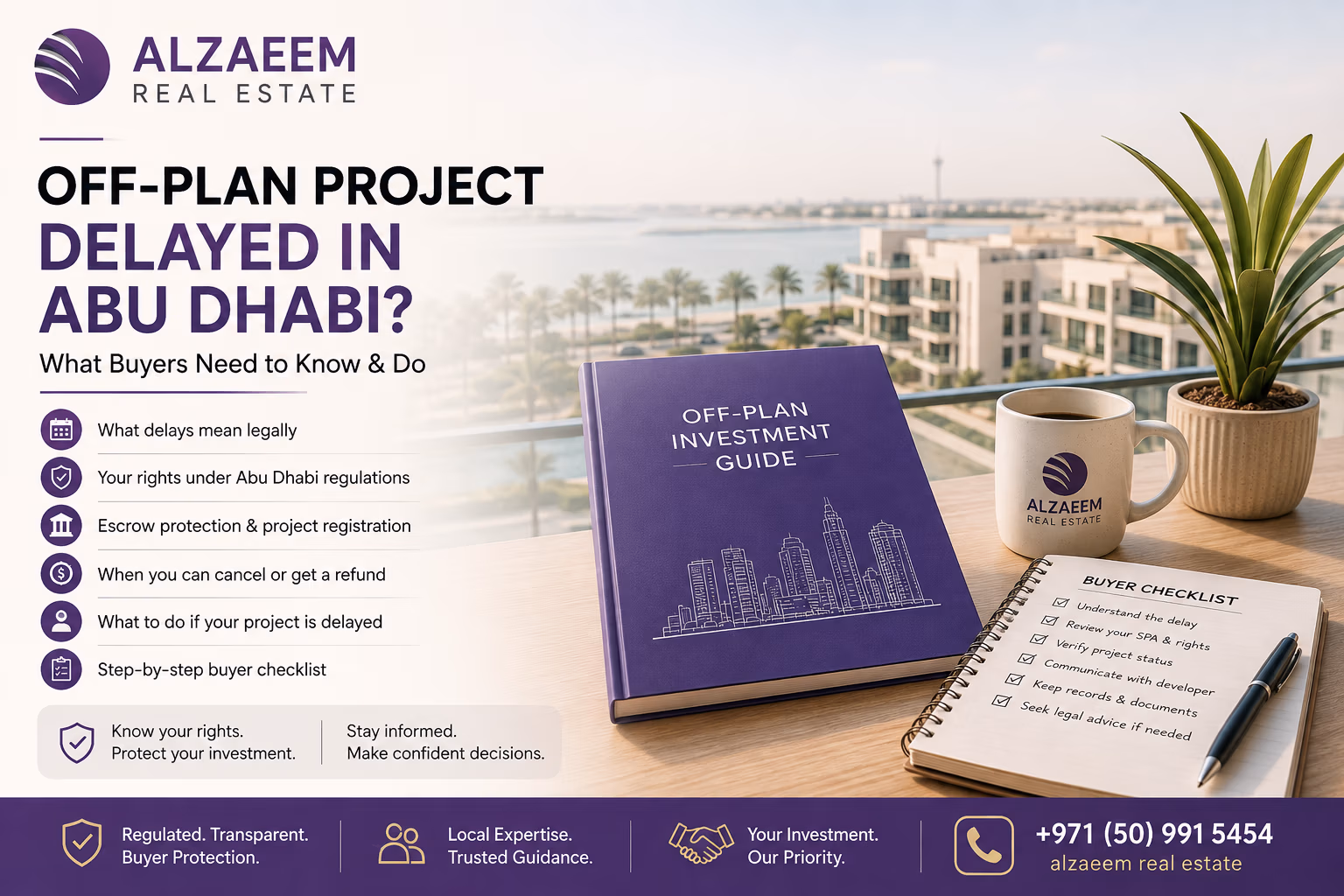 Delayed off-plan property construction in Abu Dhabi with buyer reviewing project progress