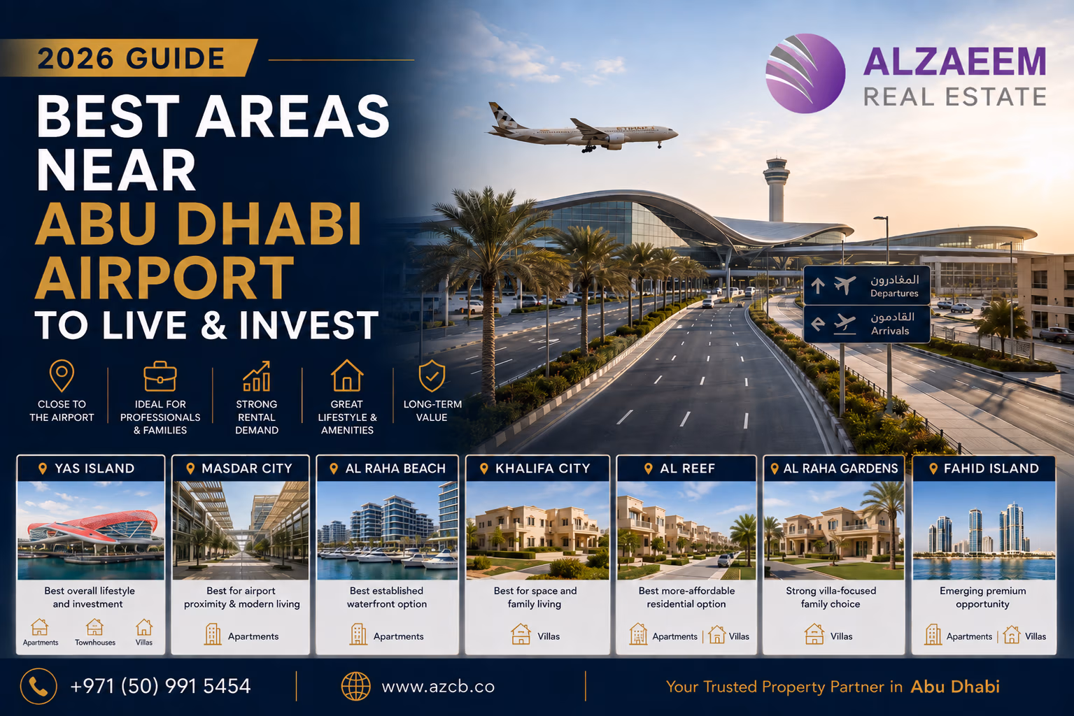 Best areas near Abu Dhabi Airport to live and invest in 2026