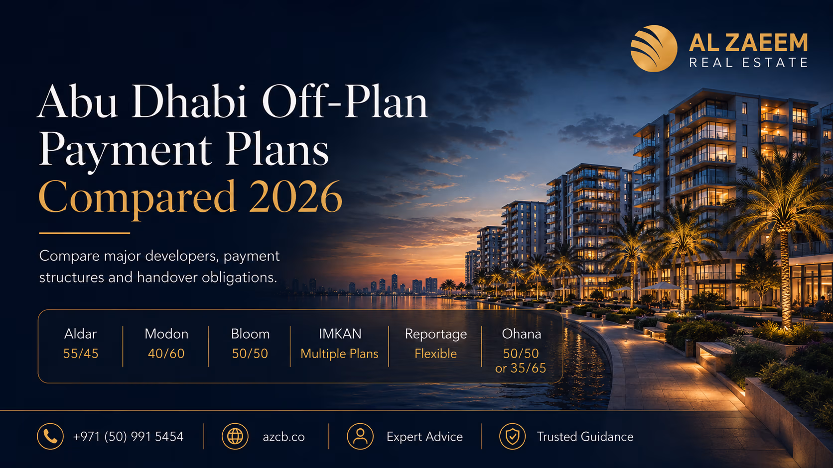 Abu Dhabi Off-Plan Payment Plans Compared 2026 featuring major developer payment structures and waterfront residential property