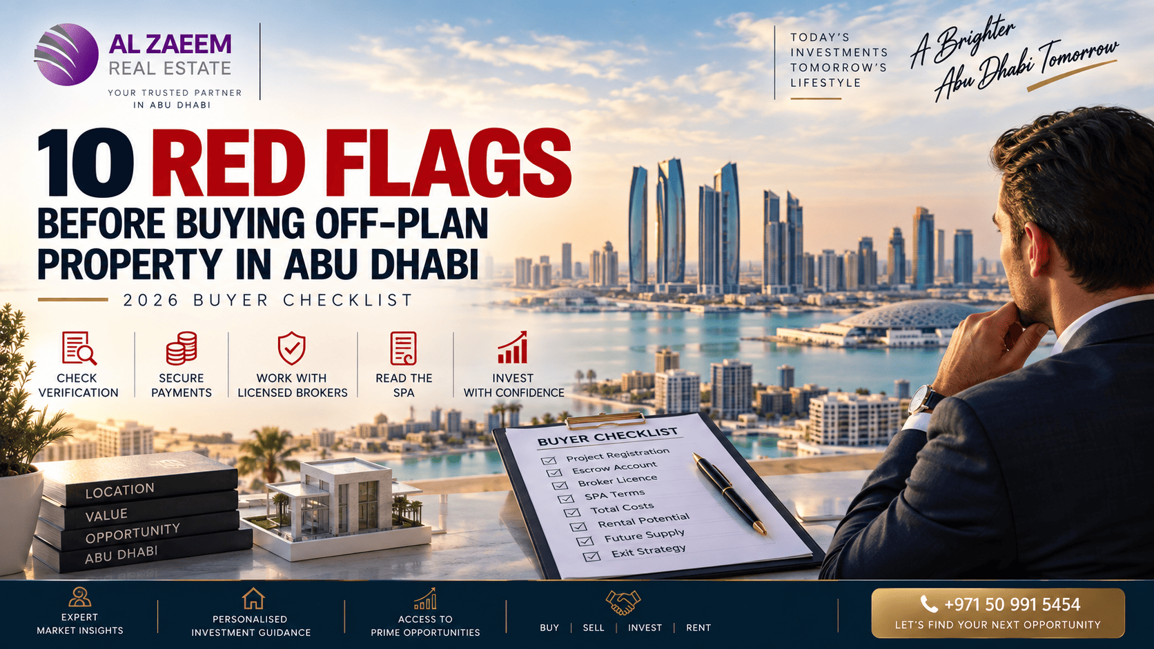 10 red flags before buying off-plan property in Abu Dhabi, covering project verification, escrow accounts, licensed brokers, SPA terms, costs, rental potential and exit strategy