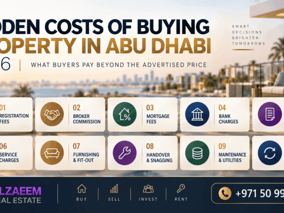 Hidden costs of buying property in Abu Dhabi 2026 infographic showing registration fees, broker commission, mortgage fees, bank charges, trustee fees, service charges, furnishing, handover, maintenance and resale costs