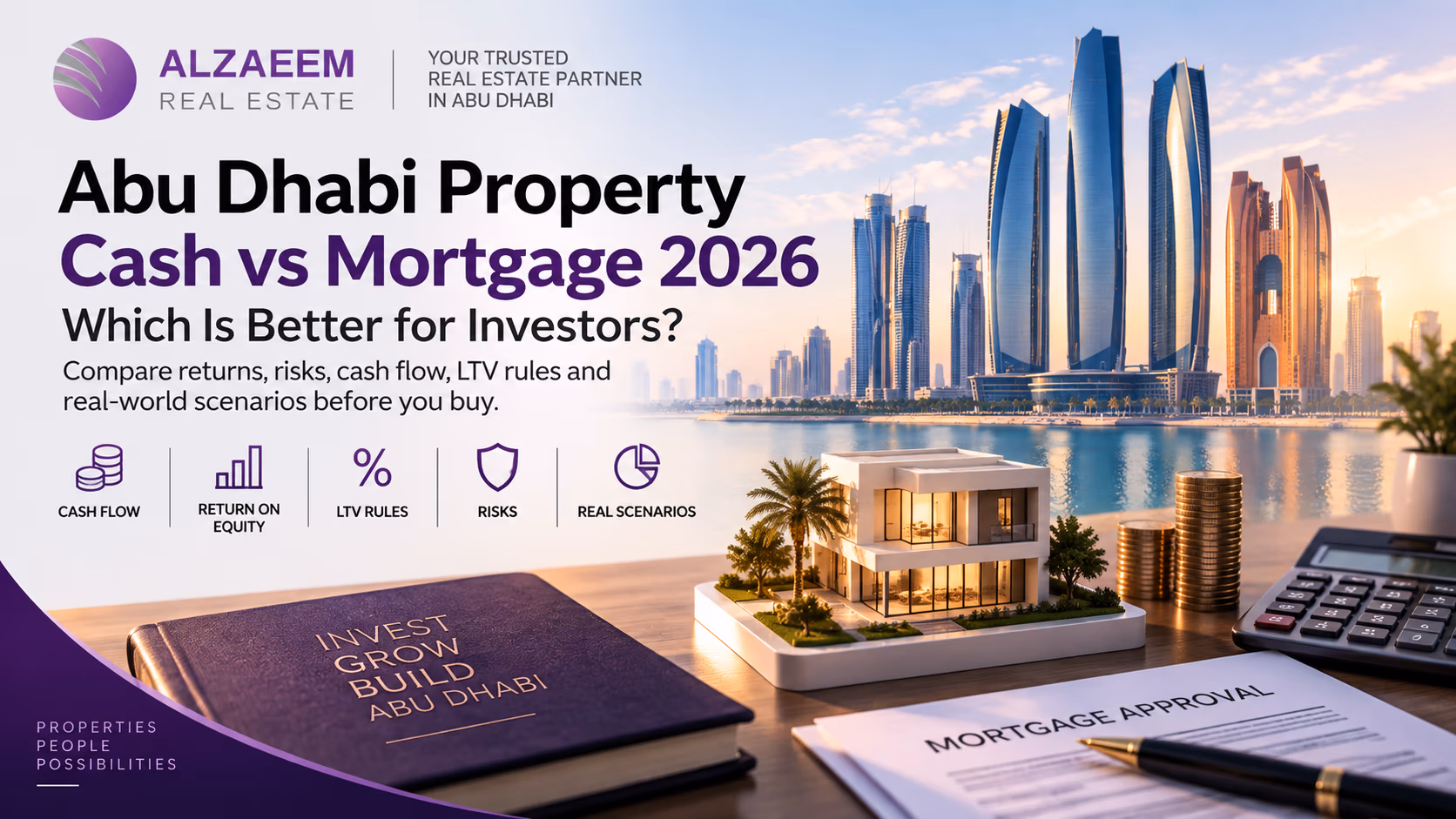 Abu Dhabi Property Cash vs Mortgage 2026 guide comparing financing, cash flow, return on equity, LTV rules, risks and investor scenarios