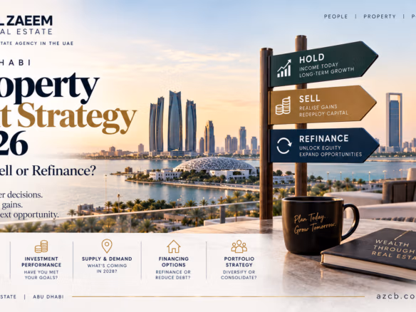 Abu Dhabi Property Exit Strategy 2026 guide comparing when investors should hold, sell or refinance a property based on market conditions, financing and future supply
