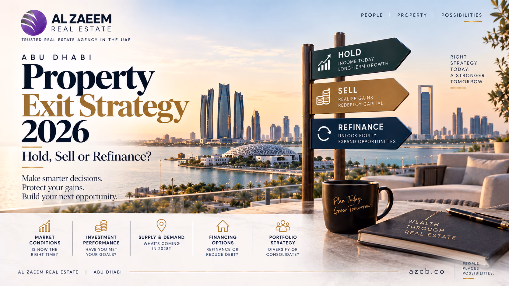 Abu Dhabi Property Exit Strategy 2026 guide comparing when investors should hold, sell or refinance a property based on market conditions, financing and future supply