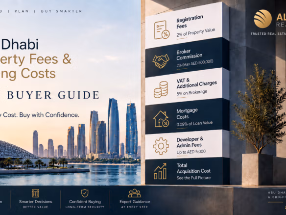 Abu Dhabi Property Fees and Closing Costs 2026 buyer guide covering registration, broker commission, VAT, mortgage and admin fees