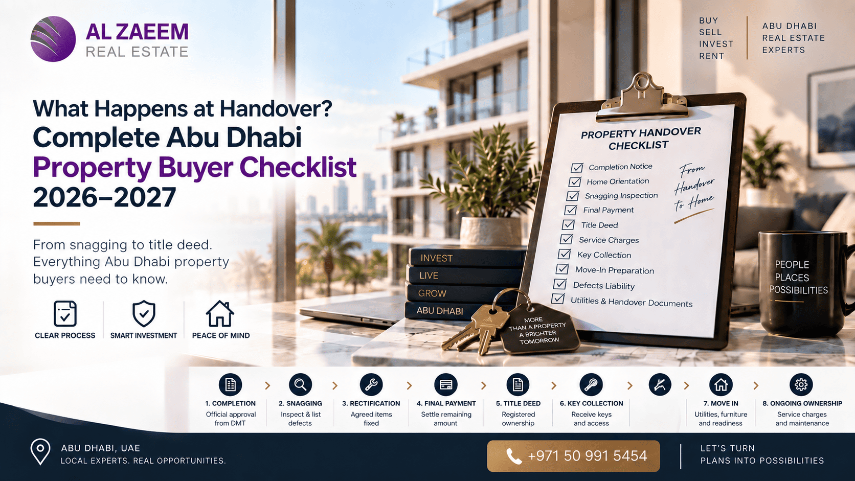 Abu Dhabi property handover checklist 2026–2027 covering completion, snagging, final payment, title deed, key collection, move-in and ongoing ownership