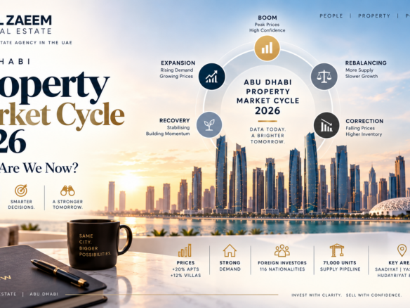 Abu Dhabi Property Market Cycle 2026 guide showing recovery, expansion, boom, rebalancing and correction phases with current market indicators