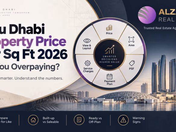 Abu Dhabi Property Price per Sq Ft 2026 guide showing how buyers can compare PSF, area, layout, service charges, payment plans and fair value