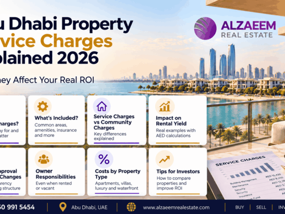 Abu Dhabi property service charges explained 2026 infographic showing fees, community charges, owner responsibilities and impact on rental yield