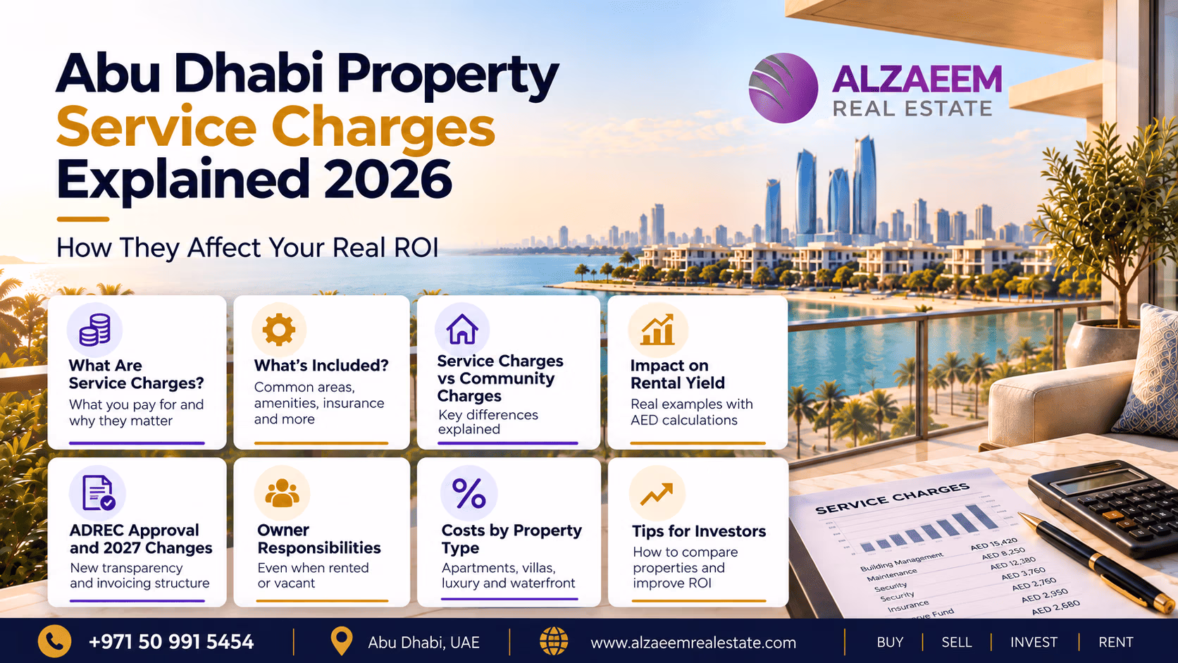 Abu Dhabi property service charges explained 2026 infographic showing fees, community charges, owner responsibilities and impact on rental yield