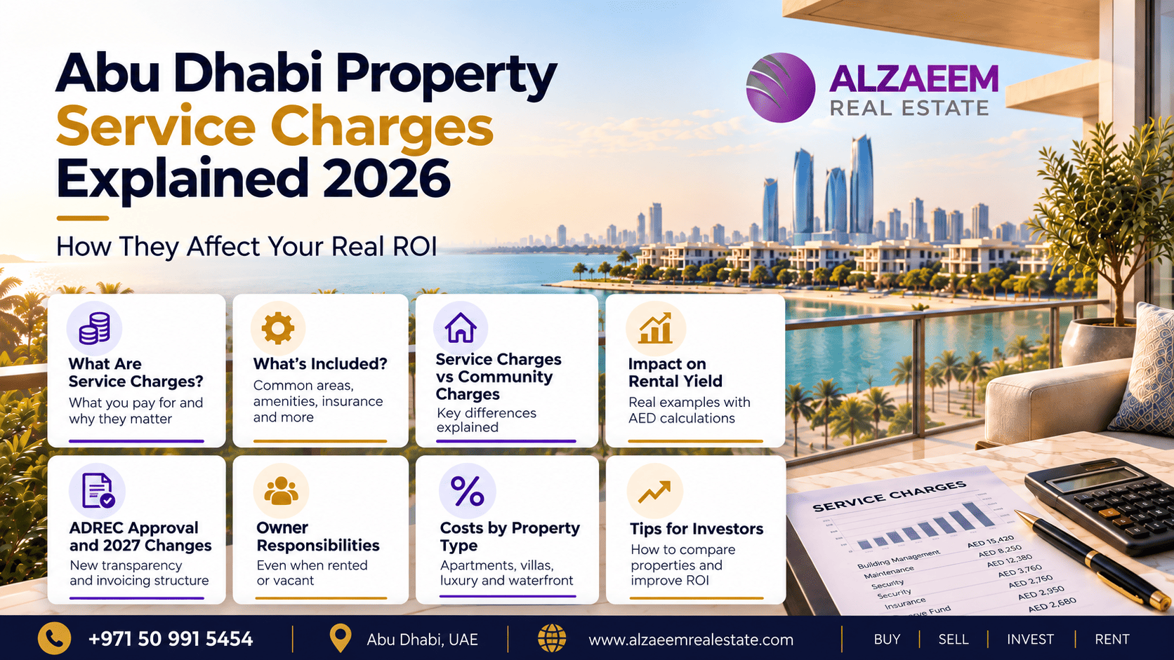 Abu Dhabi property service charges explained 2026 infographic showing fees, community charges, owner responsibilities and impact on rental yield