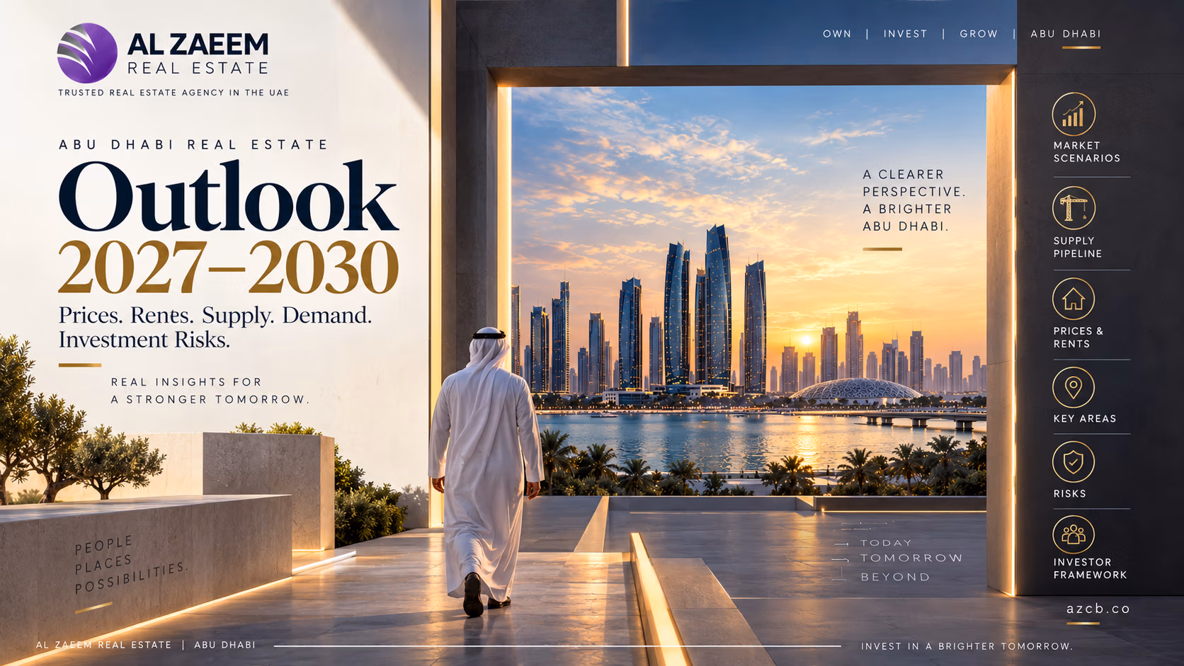 Abu Dhabi Real Estate Outlook 2027–2030 covering property prices, rents, supply pipeline, demand, market risks and investor strategy