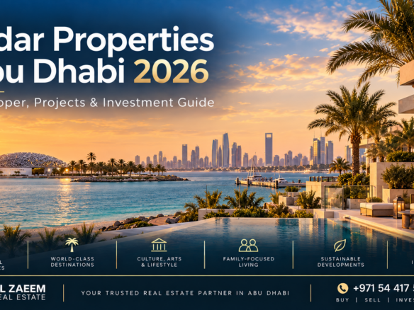 Aldar Properties Abu Dhabi 2026 developer and investment guide featuring Saadiyat-style waterfront living, luxury communities and the Abu Dhabi skyline in the distance
