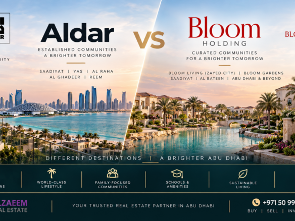 Aldar vs Bloom Holding Abu Dhabi 2026 comparison featuring premium island destinations on one side and Bloom Living community living on the other