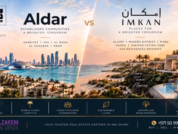 Aldar vs IMKAN Abu Dhabi 2026 comparison featuring Saadiyat and Yas communities, AlJurf coastal living, Makers District and long-term property investment potential