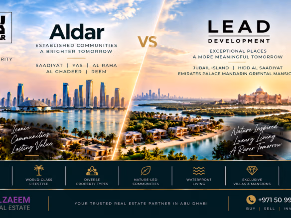 Aldar vs LEAD Development Abu Dhabi 2026 comparison featuring Saadiyat, Yas, Jubail Island, Hidd Al Saadiyat and luxury waterfront villas