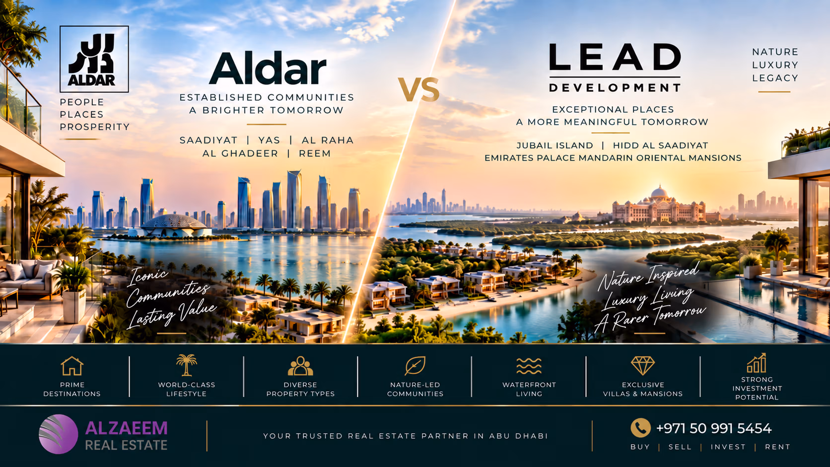 Aldar vs LEAD Development Abu Dhabi 2026 comparison featuring Saadiyat, Yas, Jubail Island, Hidd Al Saadiyat and luxury waterfront villas