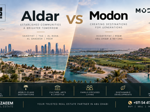 Aldar vs Modon Abu Dhabi 2026 comparison featuring Saadiyat and Yas Island on the Aldar side and Hudayriyat Island on the Modon side
