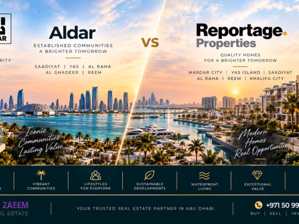 Aldar vs Reportage Properties Abu Dhabi 2026 comparison featuring Saadiyat, Yas, Masdar City, Al Raha, Reem and waterfront investment opportunities