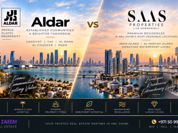 Aldar vs SAAS Properties Abu Dhabi 2026 comparison featuring Saadiyat, Yas, Reem Island, Al Maryah Island and premium waterfront residences